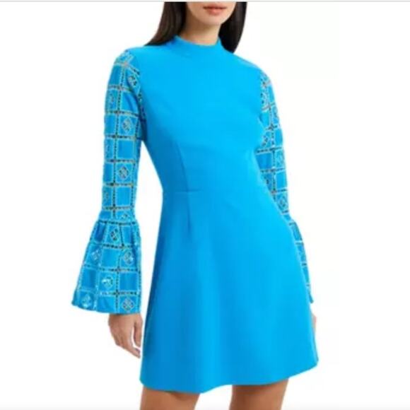 French Connection NWTs Garnet Velvet Lace Sleeve Turquoise Blue Mini Dress 4 - Picture 1 of 12